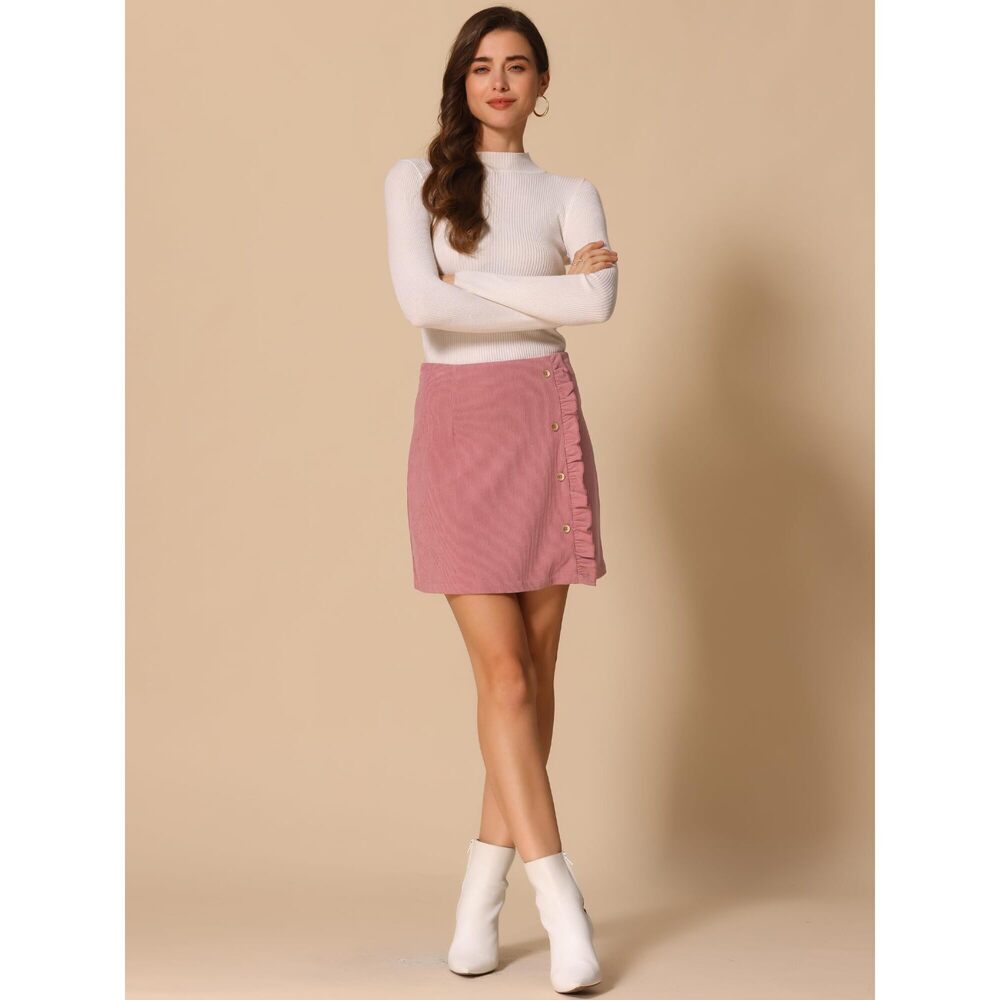4945 Corduroy Vintage Button Decor Ruffled Trim High Waist Short Skirt - Picture 3 of 5